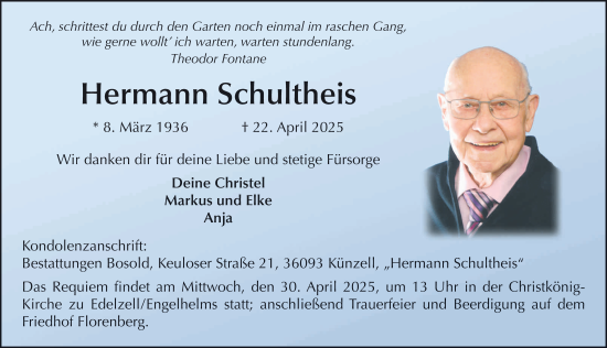 Traueranzeige von Hermann Schultheis von FZ