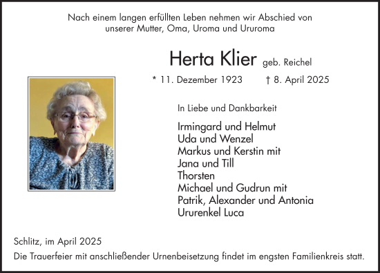 Traueranzeige von Herta Klier von FZ