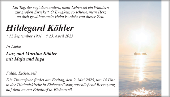 Traueranzeige von Hildegard Köhler von FZ