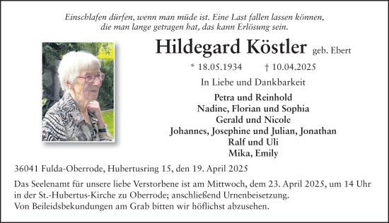 Traueranzeige von Hildegard Köstler von FZ