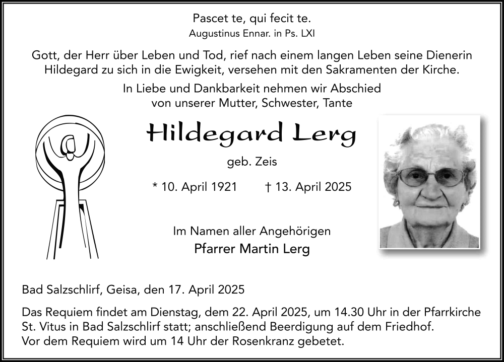  Traueranzeige für Hildegard Lerg vom 17.04.2025 aus FZ
