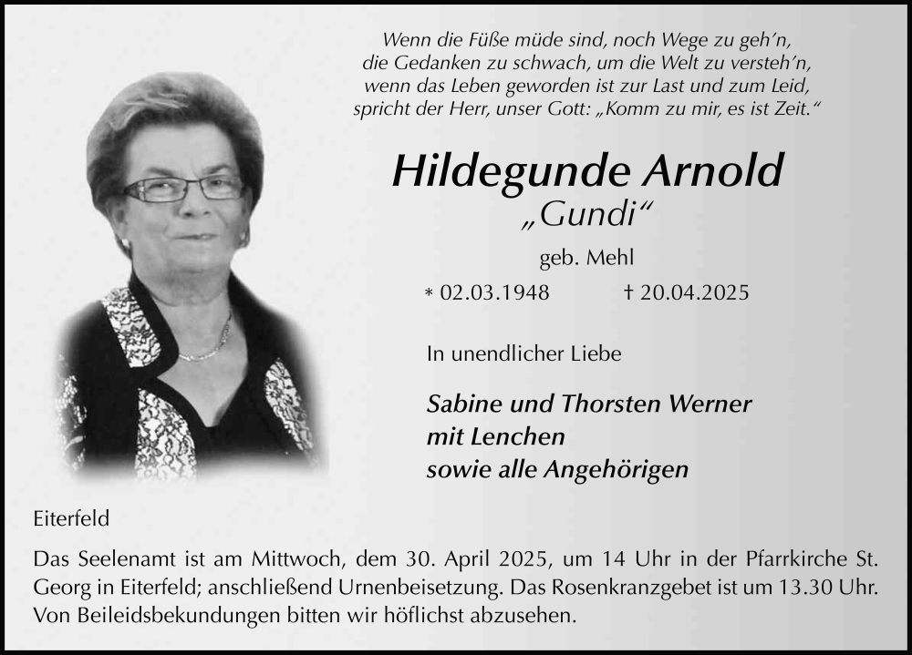  Traueranzeige für Hildegunde Arnold vom 26.04.2025 aus FZ