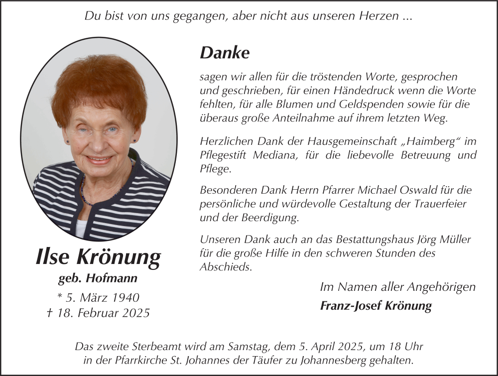  Traueranzeige für Ilse Krönung vom 02.04.2025 aus FZ