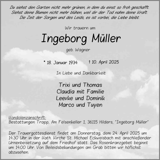 Traueranzeige von Ingeborg Müller von FZ