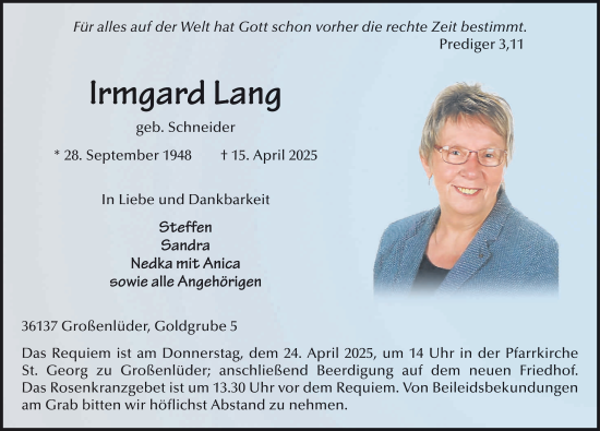 Traueranzeige von Irmgard Lang von FZ