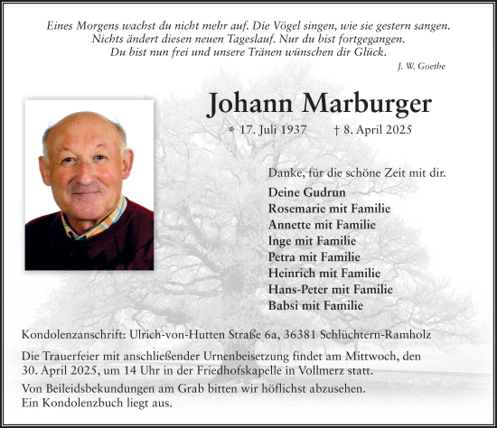 Traueranzeige von Johann Marburger von FZ