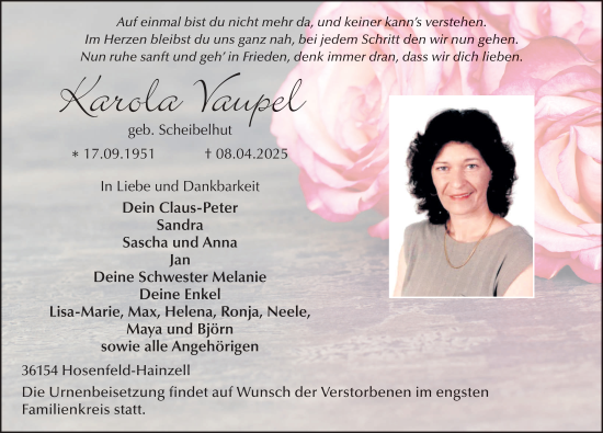 Traueranzeige von Karola Vaupel von FZ
