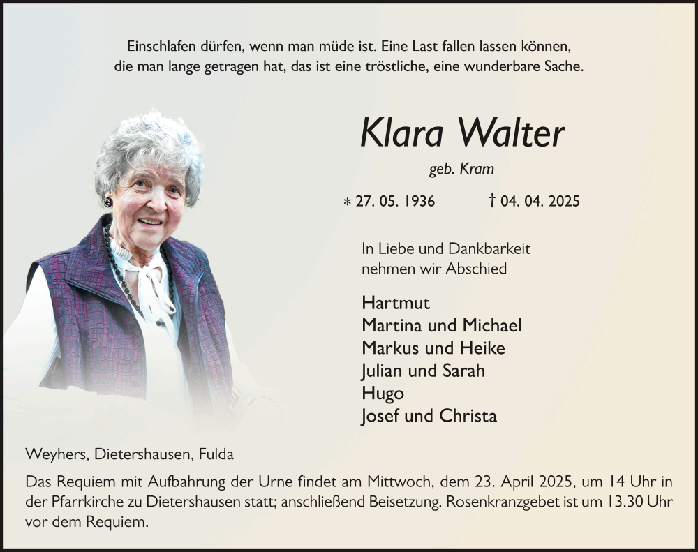  Traueranzeige für Klara Walter vom 19.04.2025 aus FZ