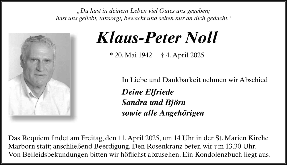  Traueranzeige für Klaus-Peter Noll vom 08.04.2025 aus FZ