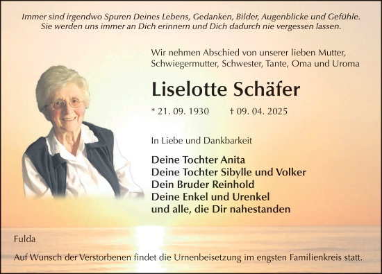 Traueranzeige von Liselotte Schäfer von FZ