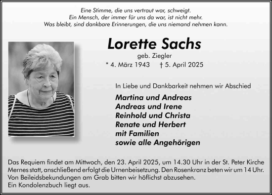 Traueranzeige von Lorette Sachs von FZ