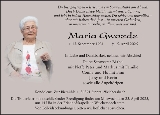 Traueranzeige von Maria Gwozdz von FZ