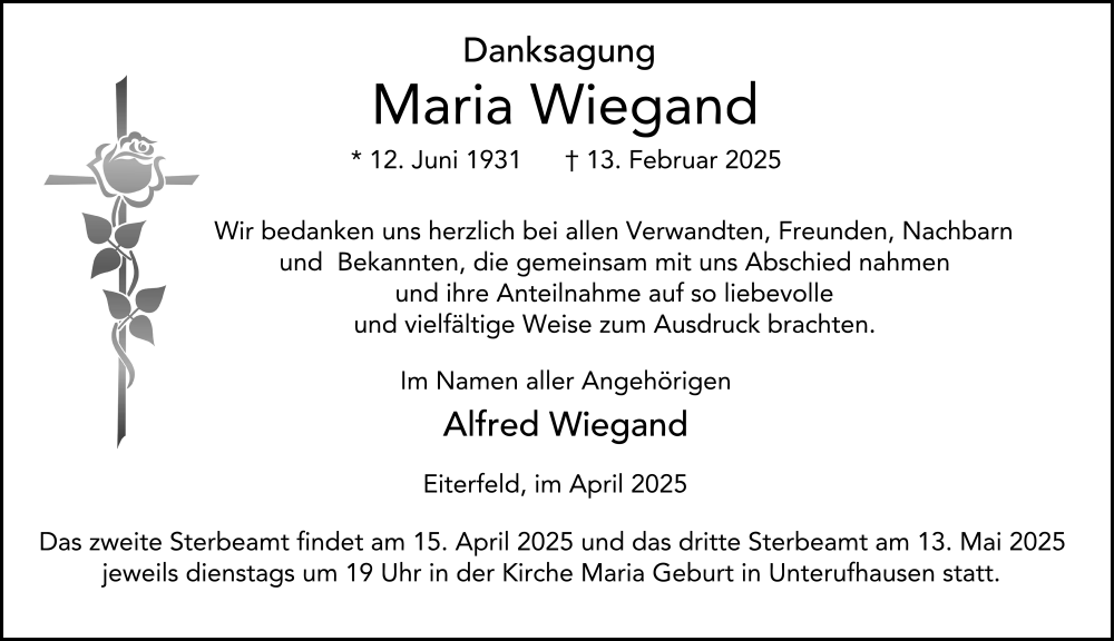  Traueranzeige für Maria Wiegand vom 11.04.2025 aus FZ