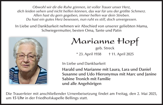 Traueranzeige von Marianne Hopf von FZ