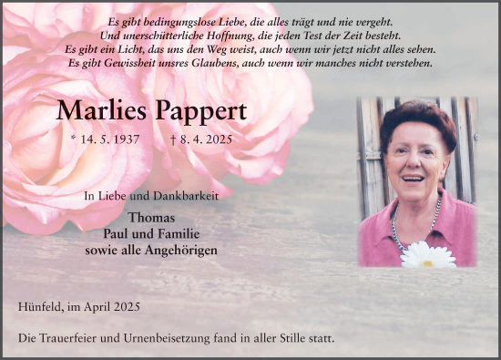 Traueranzeige von Marlies Pappert von FZ