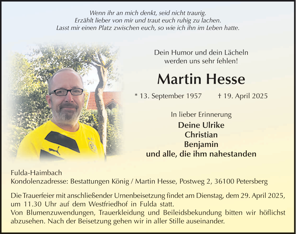  Traueranzeige für Martin Hesse vom 26.04.2025 aus FZ