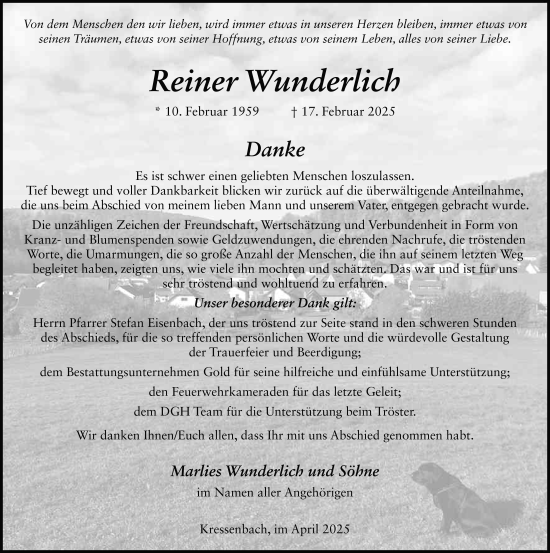 Traueranzeige von Reiner Wunderlich von FZ