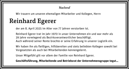 Traueranzeige von Reinhard Egerer von FZ