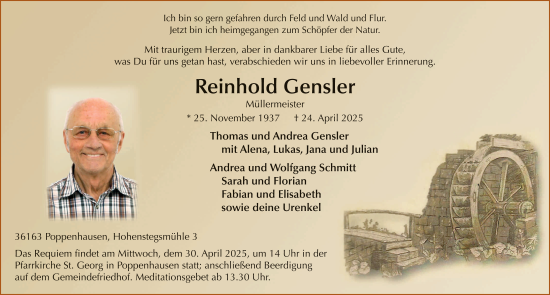 Traueranzeige von Reinhold Gensler von FZ