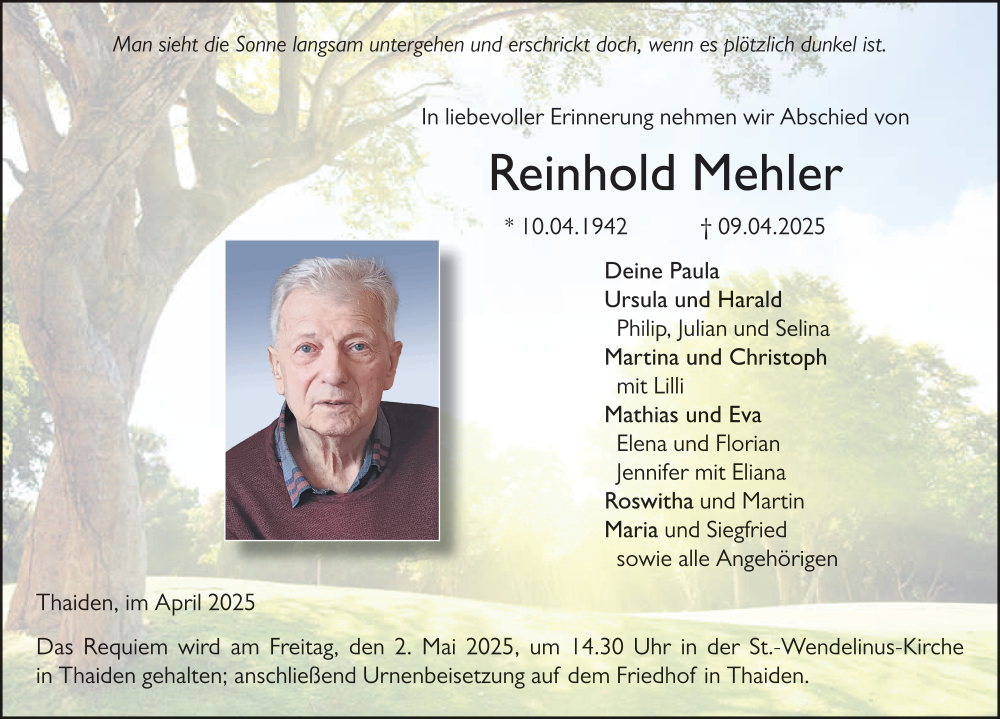  Traueranzeige für Reinhold Mehler vom 29.04.2025 aus FZ