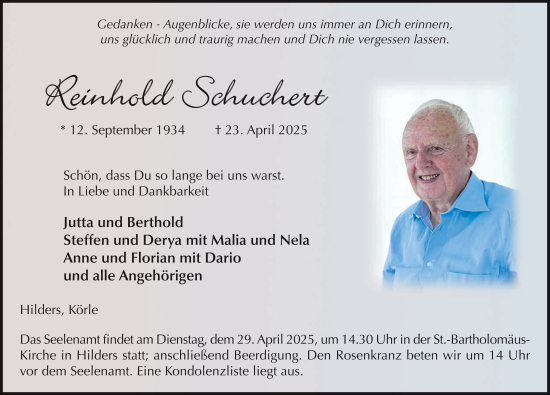 Traueranzeige von Reinhold Schuchert von FZ