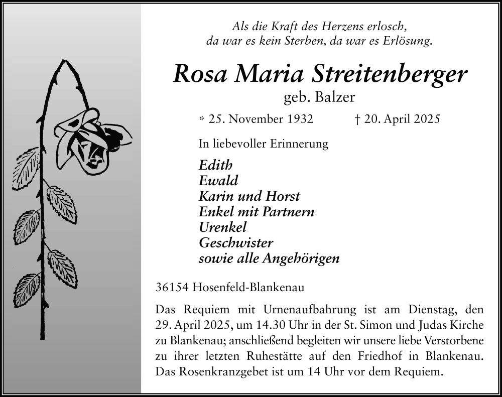  Traueranzeige für Rosa Maria Streitenberger vom 26.04.2025 aus FZ
