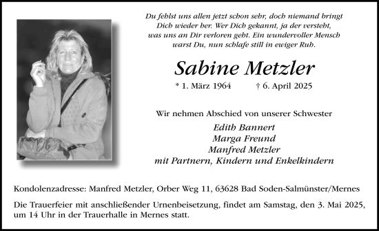 Traueranzeige von Sabine Metzler von FZ