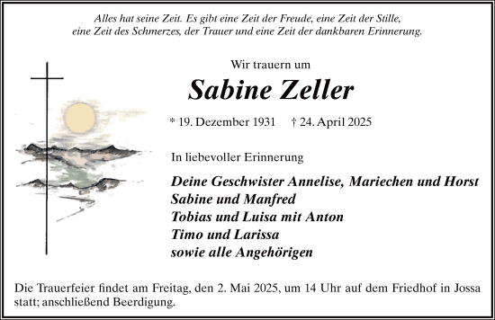 Traueranzeige von Sabine Zeller von FZ