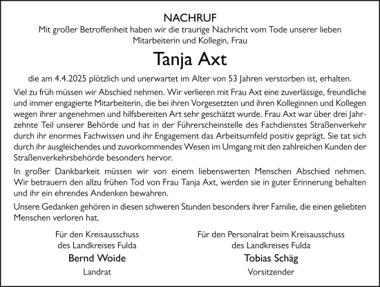 Traueranzeige von Tanja Axt von FZ