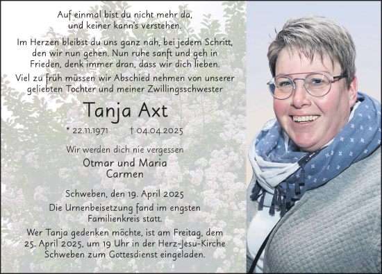 Traueranzeige von Tanja Axt von FZ