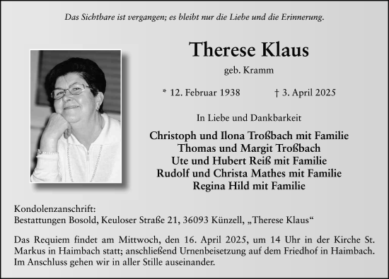 Traueranzeige von Therese Klaus von FZ