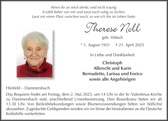 Traueranzeige von Therese Noll von FZ