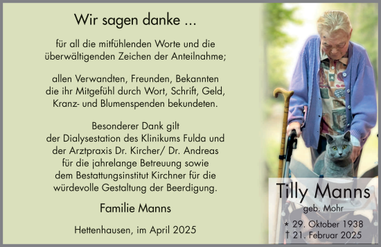 Traueranzeige von Tilly Manns von FZ