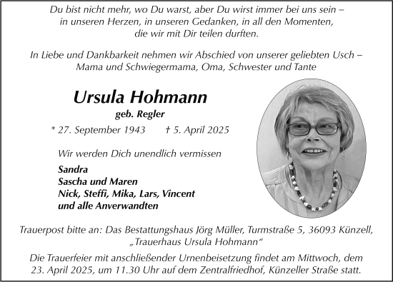 Traueranzeige von Ursula Hohmann von FZ