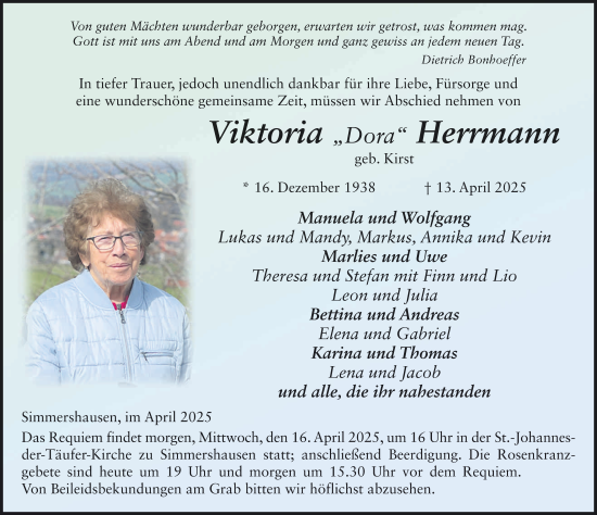 Traueranzeige von Viktoria Herrmann von FZ