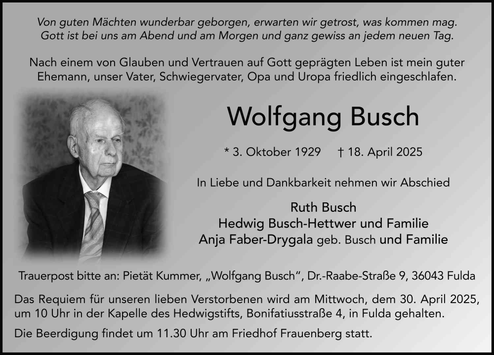  Traueranzeige für Wolfgang Busch vom 26.04.2025 aus FZ