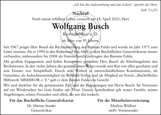 Traueranzeige von Wolfgang Busch von FZ