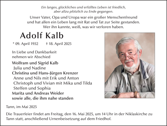 Traueranzeige von Adolf Kalb von FZ