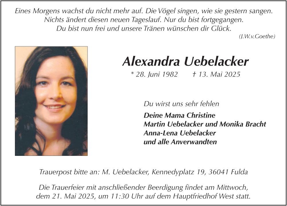  Traueranzeige für Alexandra Uebelacker vom 17.05.2025 aus FZ