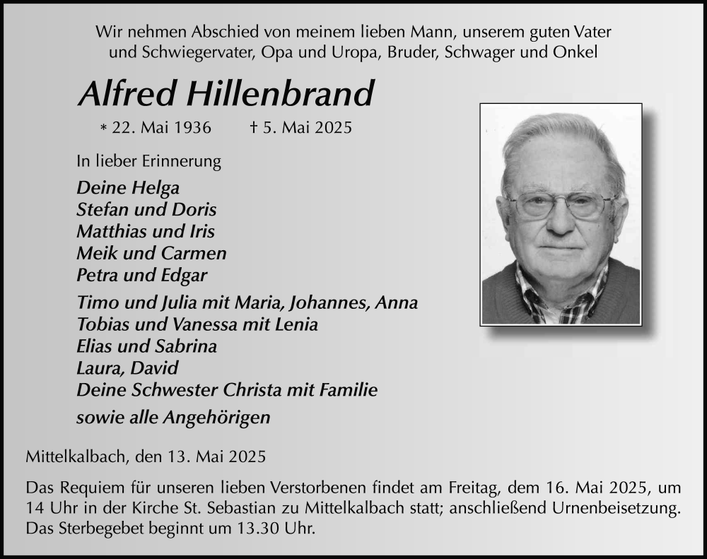  Traueranzeige für Alfred Hillenbrand vom 13.05.2025 aus FZ