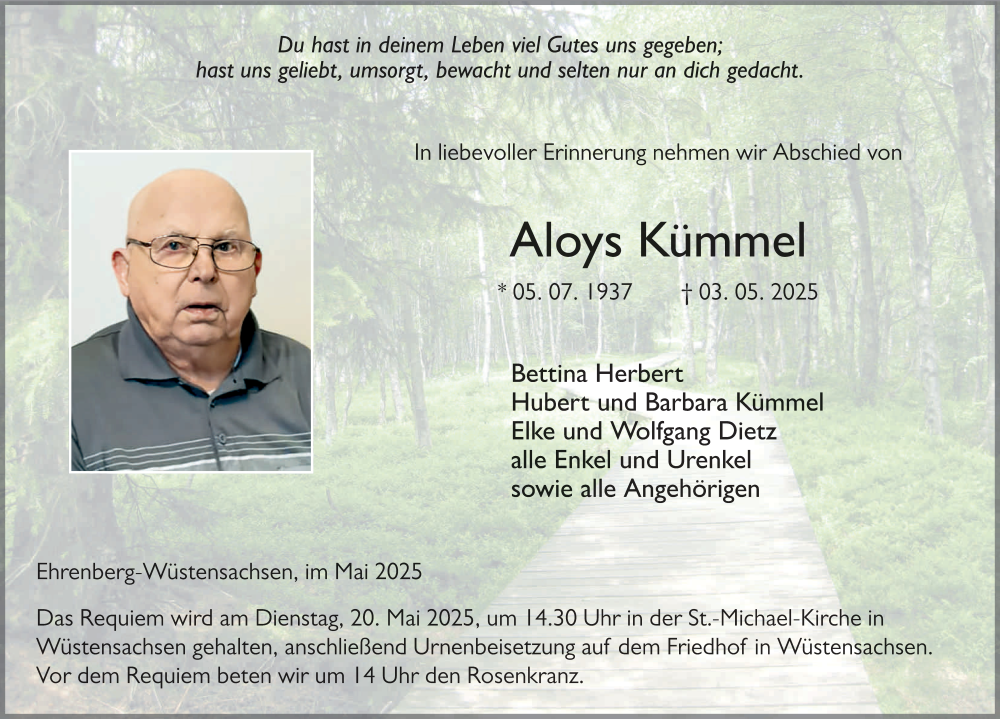 Traueranzeige für Aloys Kümmel vom 17.05.2025 aus FZ