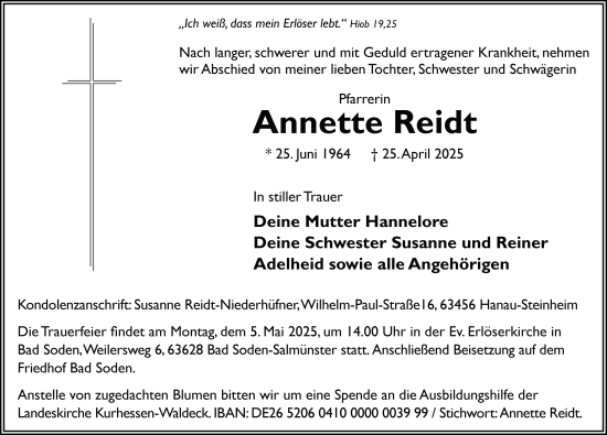 Traueranzeige von Anette Reidt von FZ