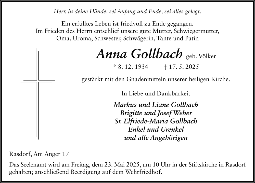  Traueranzeige für Anna Gollbach vom 20.05.2025 aus FZ