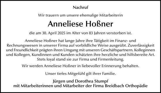Traueranzeige von Anneliese Hoßner von FZ
