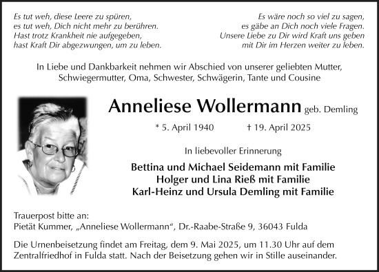 Traueranzeige von Anneliese Wollermann von FZ