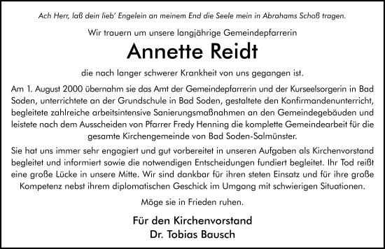 Traueranzeige von Annette Reidt von FZ