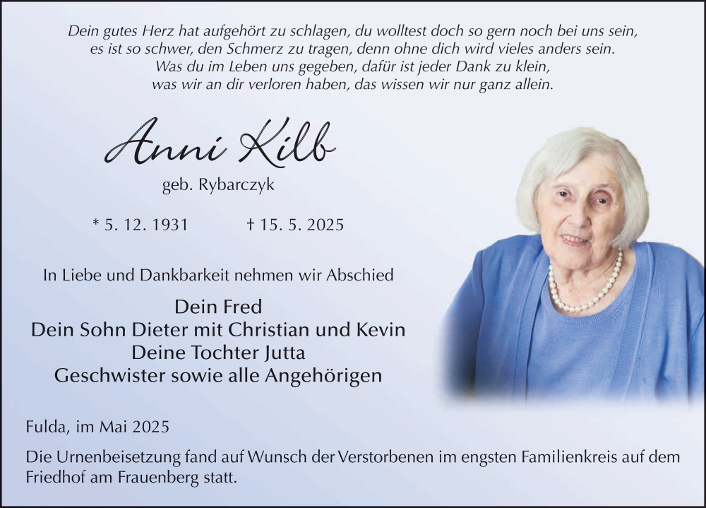  Traueranzeige für Anni Kilb vom 31.05.2025 aus FZ