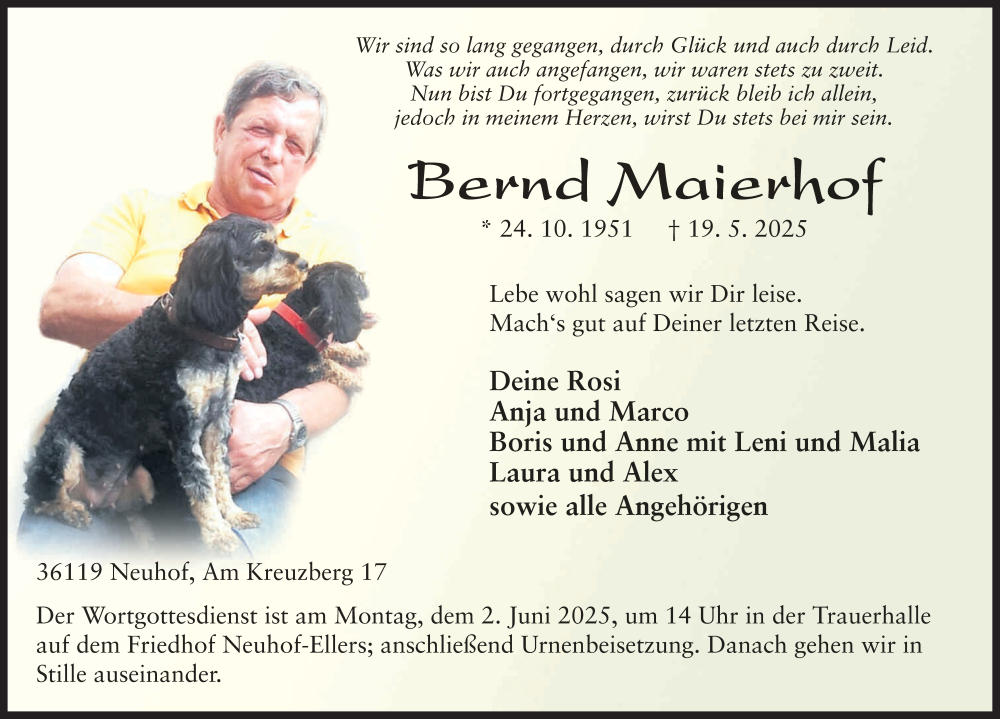  Traueranzeige für Bernd Maierhof vom 28.05.2025 aus FZ