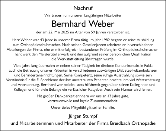 Traueranzeige von Bernhard Weber von FZ