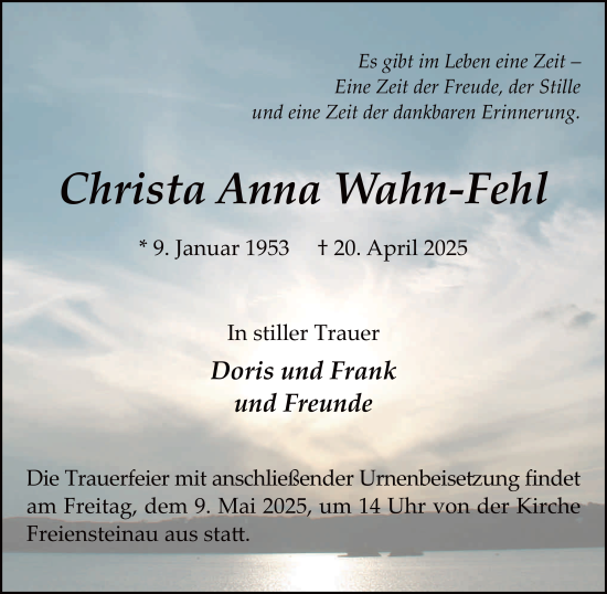 Traueranzeige von Christa Anna Wahn-Fehl von FZ